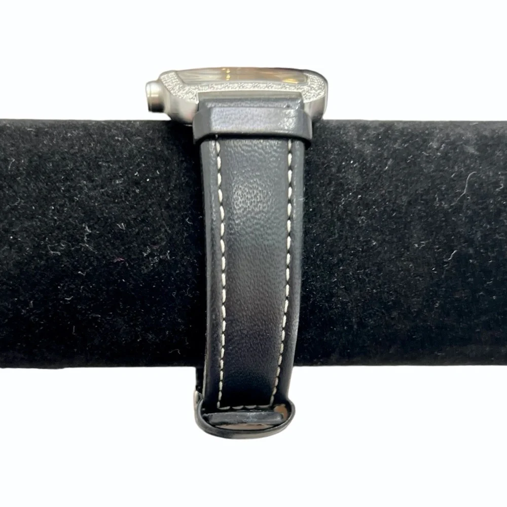 GUESS BLACK TANK WATCH w RECTANGLE FACE & PAVE CRYSTAL BEZEL & LEATHER STRAP